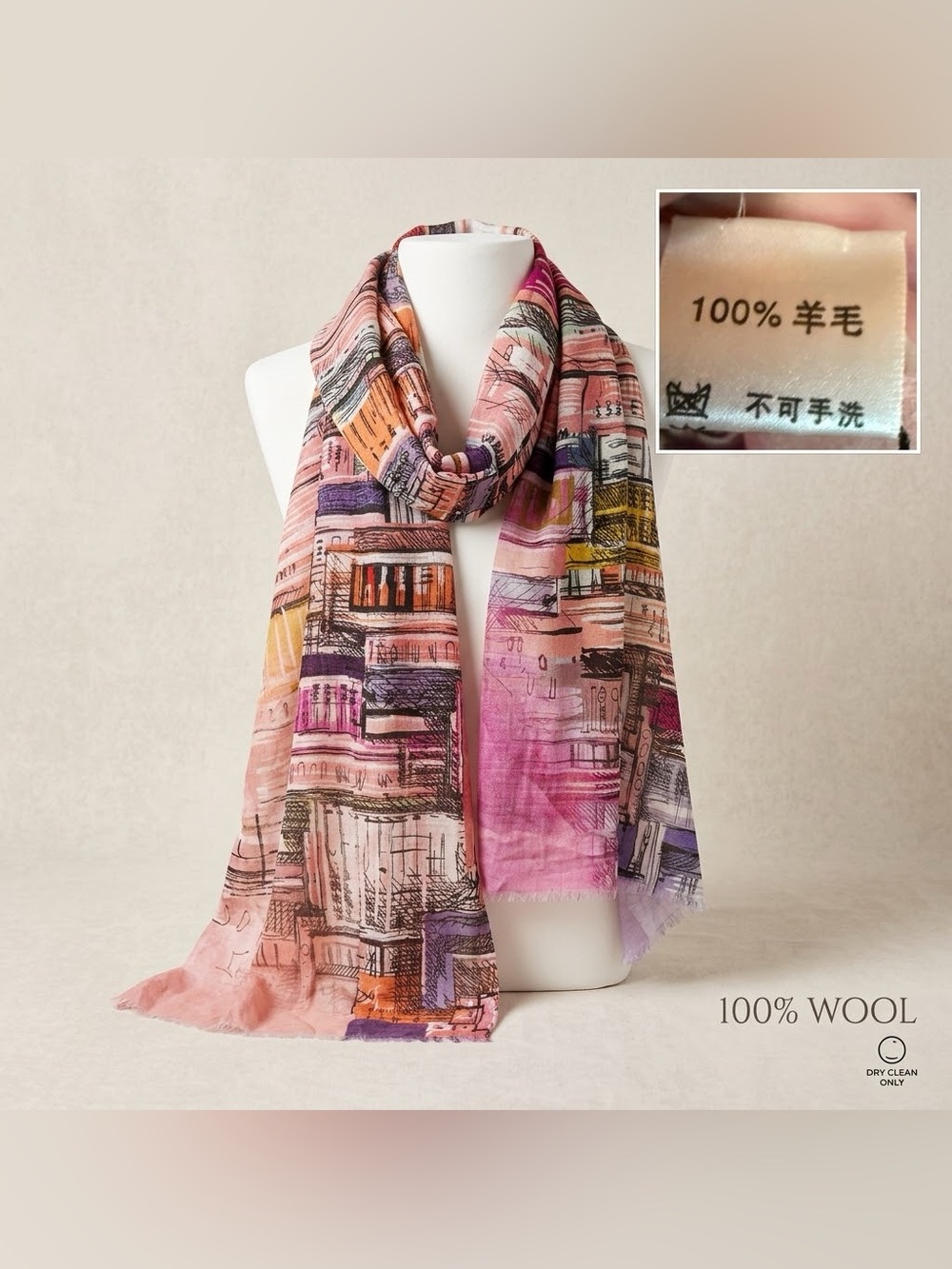 100% Wool Pink Multi-Color Architecture Printed Women's Scarf Wrap Wearable Art